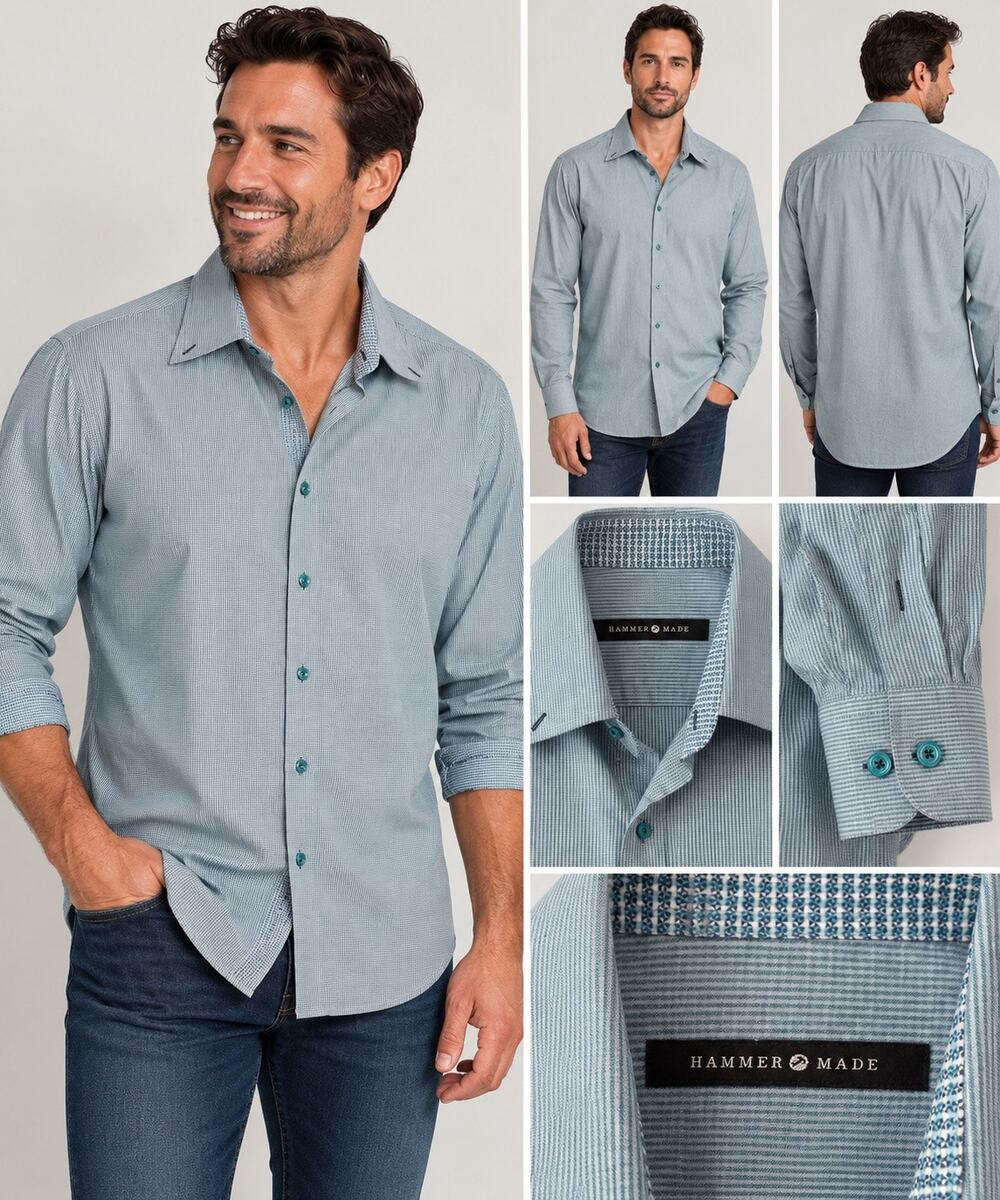 Hammer Made Men’s L 16.5 Blue Micro Check 100% Cotton Button Down Dress Shirt